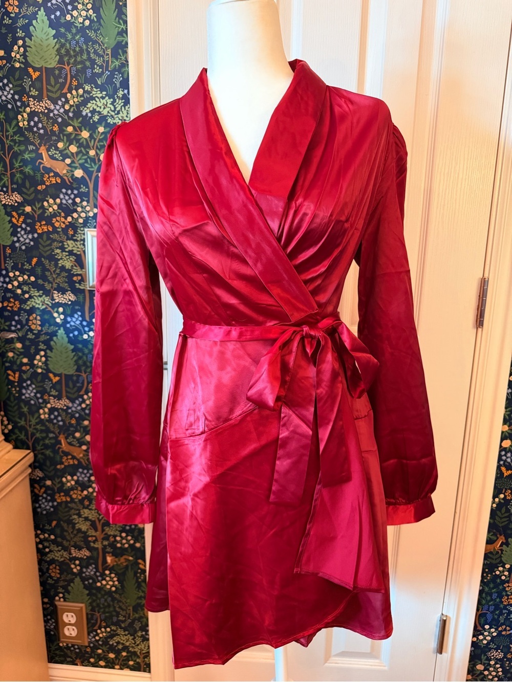 Satin Wrap Robe in Ruby Red with Self-Tie Sash